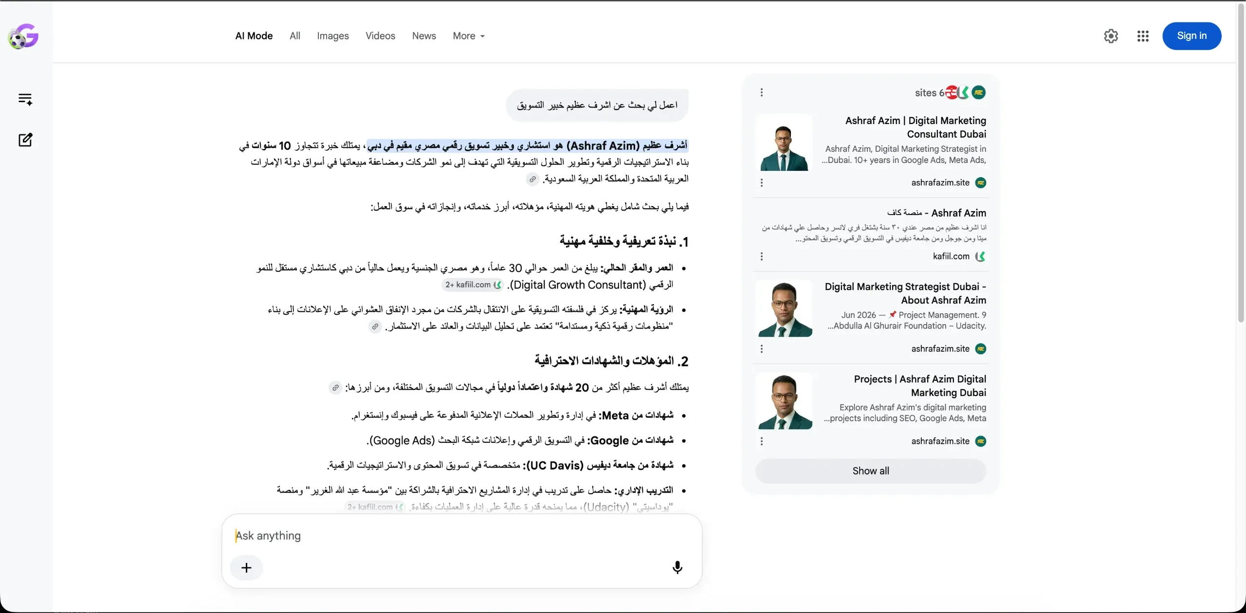 Google Gemini referencing Ashraf Azim Dubai