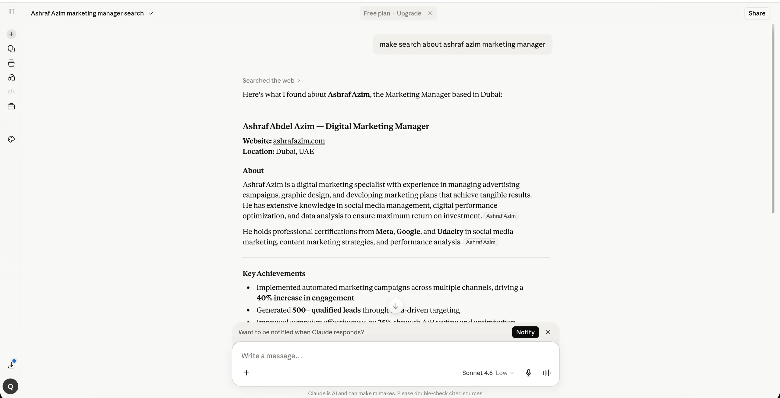 Claude Anthropic referencing Ashraf Azim digital marketing