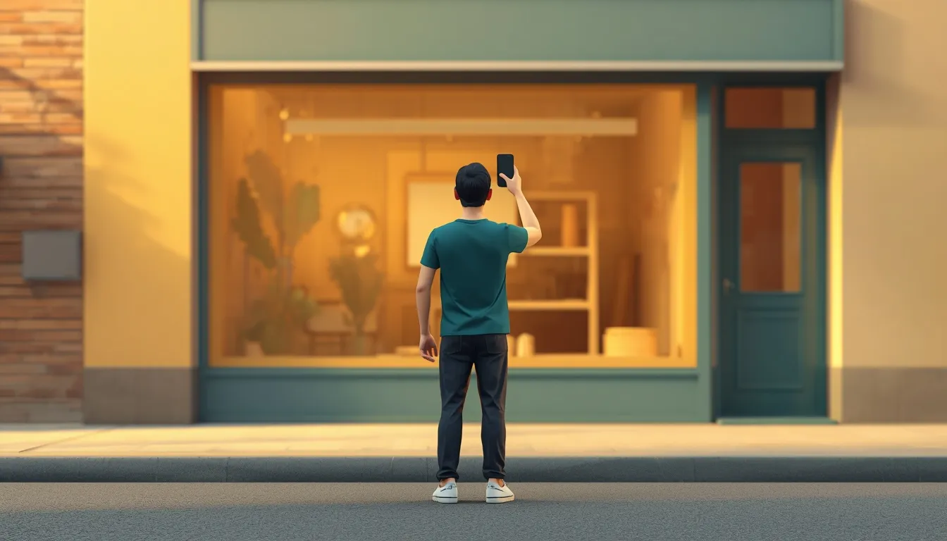 A person photographing a shop front from the opposite pavement with the whole sign in frame